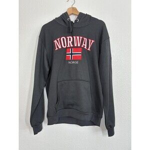 Norge Norway Hoodie Mens Medium Gray Fleece Pullover Flag Embroidered Graphic